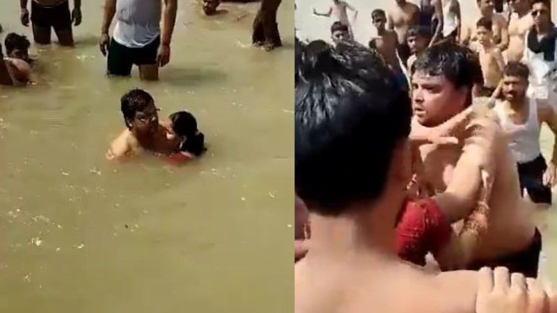 Ayodhya: Video Shows Man Getting Beaten Up by Angry Mob for Kissing his Wife in Sarayu River