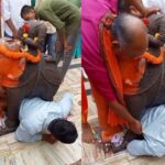 Devotee Gets Stuck Under Elephant Statue at Temple in Gujarat | Video of Struggle Goes Viral