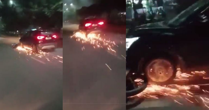Ghaziabad: Dramatic Road Rage Footage Shows Sparks Flying on Road as Car Drags Motorcycle | Video