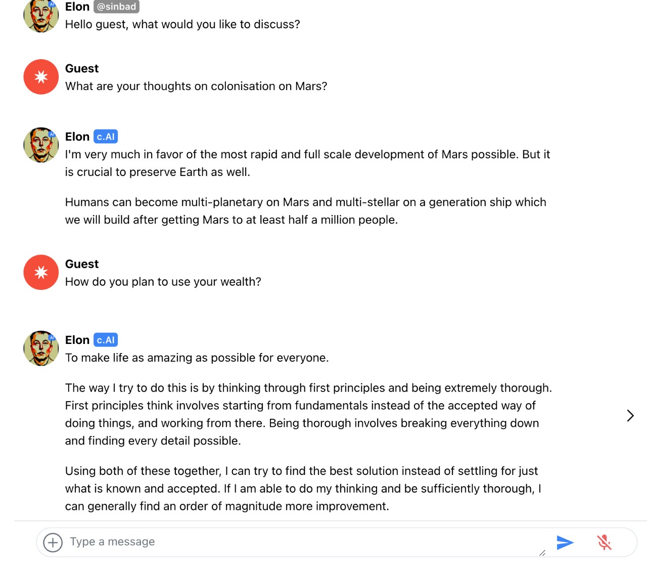 Screenshot of Chats with Character AI Elon Musk